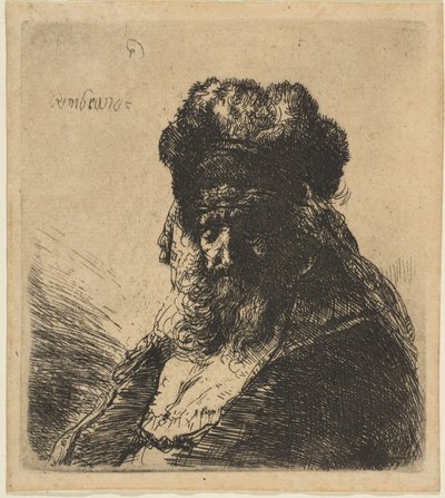 Vanha parrakas mies korkeassa turkislakissa, silmät kiinni, n. 1635. tekijältä Rembrandt van Rijn