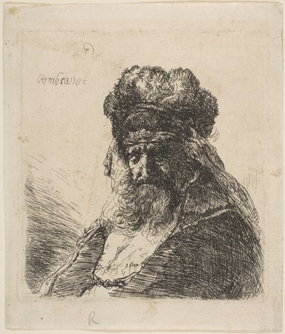 Vanha parrakas mies korkeassa turkislakissa, silmät kiinni, n. 1635. tekijältä Rembrandt van Rijn