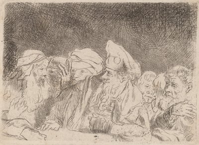 Fariseukset väittelevät katkelma sadan guldenin kirjasta, n. 1649. tekijältä Rembrandt van Rijn