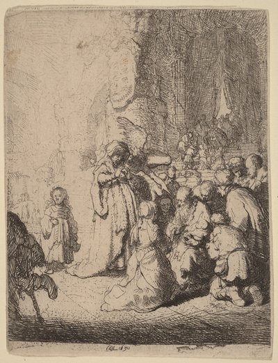 Esittely temppelissä enkelin kanssa: pieni laatta tekijältä Rembrandt van Rijn