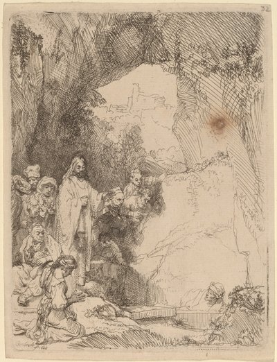 Lasaruksen herättäminen: Pieni lautanen tekijältä Rembrandt van Rijn