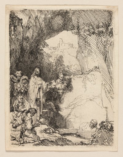 Lasaruksen herättäminen: Pieni lautanen tekijältä Rembrandt van Rijn