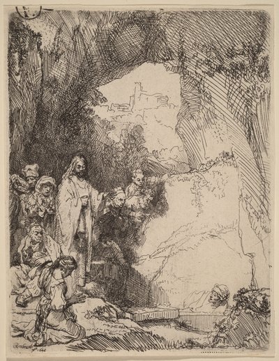 Lazaruksen herättäminen: pieni lautaskuva tekijältä Rembrandt van Rijn