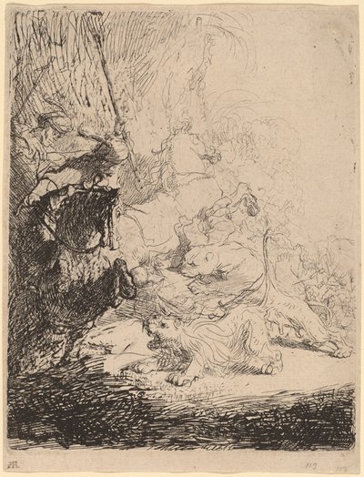Pienen leijonan metsästys (kahden leijonan kanssa) tekijältä Rembrandt van Rijn