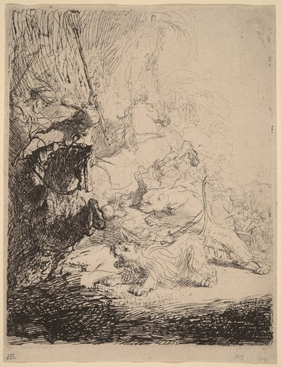Pienen leijonan metsästys (kahden leijonan kanssa) tekijältä Rembrandt van Rijn