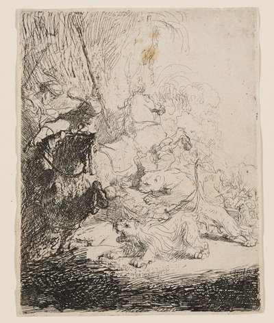 Pienen leijonan metsästys (kahden leijonan kanssa) tekijältä Rembrandt van Rijn