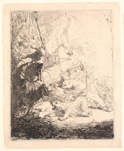 Pienen leijonan metsästys (kahden lionin kanssa) tekijältä Rembrandt van Rijn