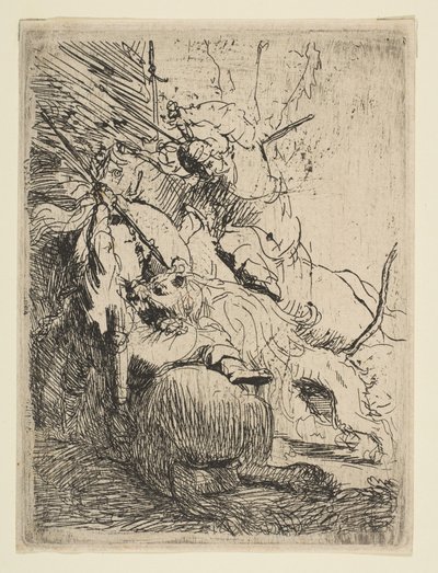 Pienen leijonan metsästys yhden leijonan kanssa, n. 1629. tekijältä Rembrandt van Rijn