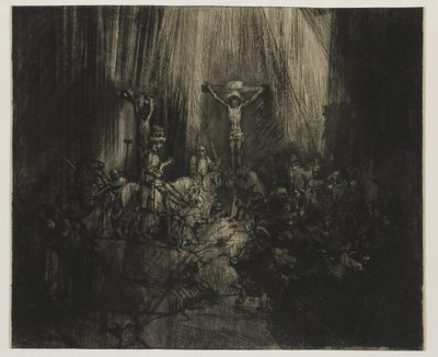 Kolme ristiä Kristus ristiinnaulittu kahden varkaan väliin: "Kolme ristiä" tekijältä Rembrandt van Rijn