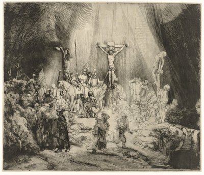 Kolme ristiä Kristus ristiinnaulittu kahden varkaan väliin: "Kolme ristiä" tekijältä Rembrandt van Rijn