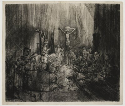 Kolme ristiä Kristus ristiinnaulittu kahden varkaan väliin: "Kolme ristiä" tekijältä Rembrandt van Rijn