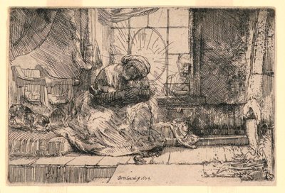 Neitsyt ja lapsi kissan ja Joosefin kanssa ikkunassa tekijältä Rembrandt van Rijn