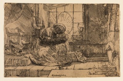 Neitsyt ja lapsi kissan ja käärmeen kanssa tekijältä Rembrandt van Rijn