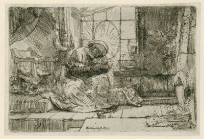 Neitsyt ja lapsi kissan ja käärmeen kanssa tekijältä Rembrandt van Rijn