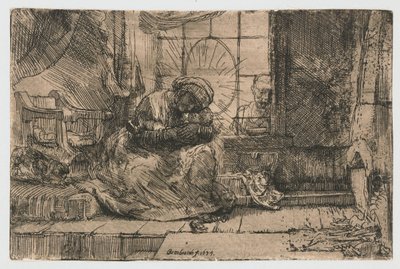 Neitsyt ja lapsi kissan ja käärmeen kanssa tekijältä Rembrandt van Rijn
