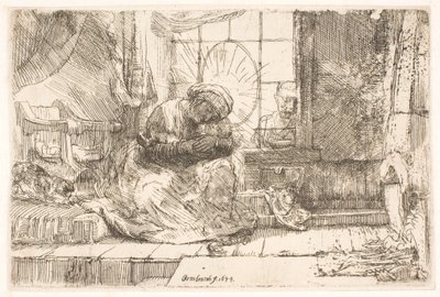 Neitsyt ja Lapsi kissan kanssa: ja Joosef ikkunassa tekijältä Rembrandt van Rijn