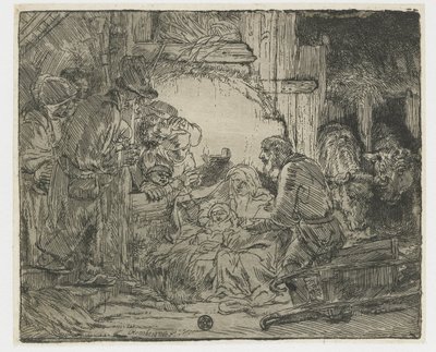 Paimenten palvonta: lampun kanssa tekijältä Rembrandt van Rijn