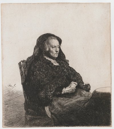 Taiteilijan äiti istuu pöydän ääressä, katsoen oikealta: pituus kolme neljäsosaa tekijältä Rembrandt van Rijn