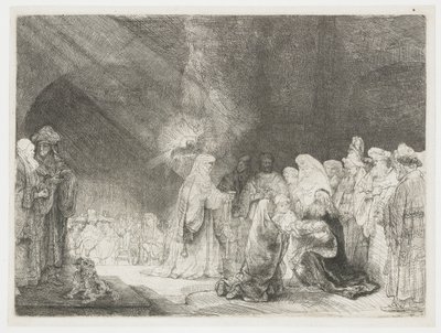 Esitys temppelissä: pitkulainen printti tekijältä Rembrandt van Rijn