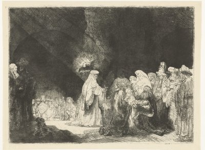 Esitys temppelissä: pitkulainen printti tekijältä Rembrandt van Rijn