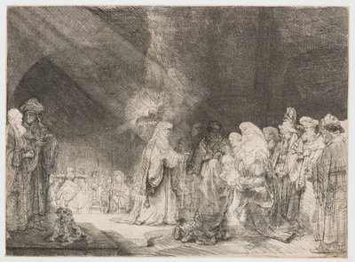 Esitys temppelissä: pitkulainen printti tekijältä Rembrandt van Rijn