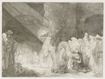 Esittely temppelissä: pitkänomainen painokuva tekijältä Rembrandt van Rijn