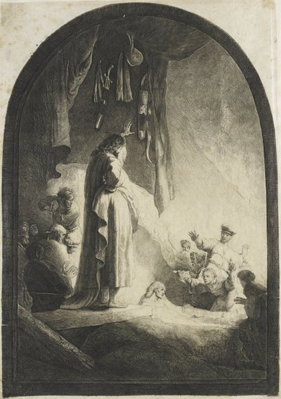 Lasaruksen nostaminen: suurempi lautanen tekijältä Rembrandt van Rijn