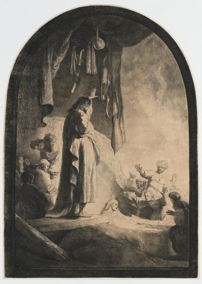 Lasaruksen nostaminen: suurempi lautanen tekijältä Rembrandt van Rijn