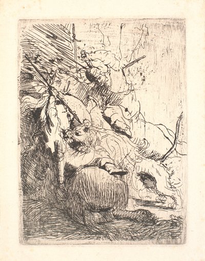 Pienen leijonan metsästys (yhden leijonan kanssa) tekijältä Rembrandt van Rijn