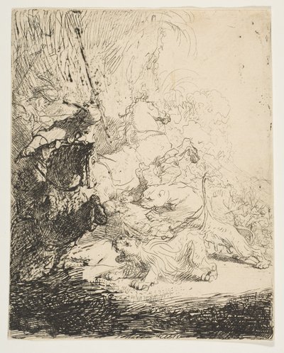 Pieni leijona metsästää kahdella leijonalla, n. 1632. tekijältä Rembrandt van Rijn