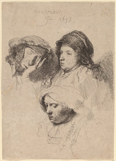 Kolme naisten päätä, yksi unessa tekijältä Rembrandt van Rijn