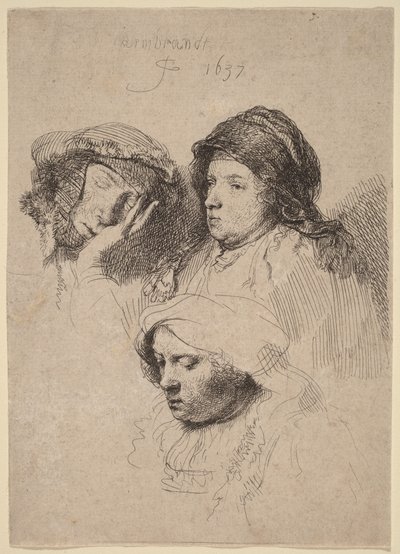 Kolme naisen päätä, joista yksi nukkuu tekijältä Rembrandt van Rijn