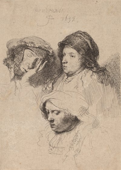 Kolme naisten päätä, yksi unessa, 1637. tekijältä Rembrandt van Rijn