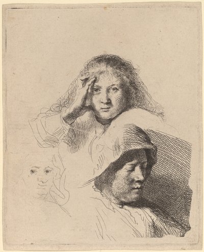 Kolme naisten päätä, yksi kevyesti kaiverrettu tekijältä Rembrandt van Rijn