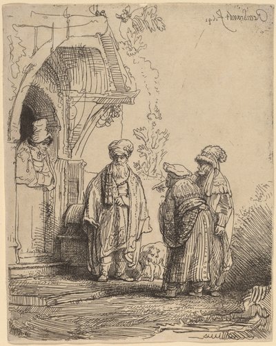 Kolme itämaista hahmoa (Jaakob ja Laban?) tekijältä Rembrandt van Rijn