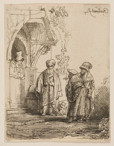 Kolme itämaista hahmoa (Jaakob ja Laban?) tekijältä Rembrandt van Rijn