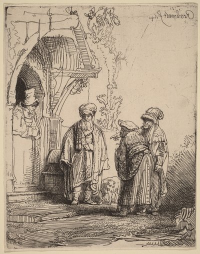 Kolme itämaista hahmoa (Jaakob ja Laban) tekijältä Rembrandt van Rijn