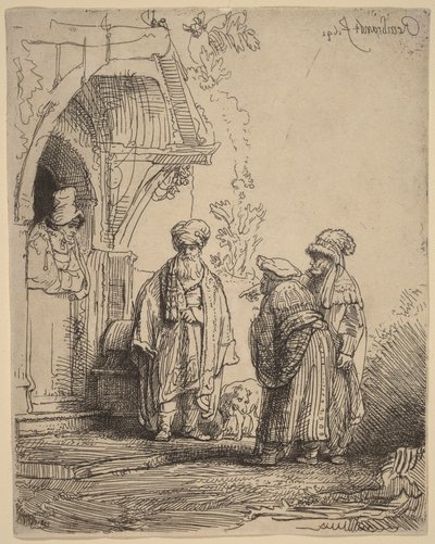 Kolme itämaista hahmoa (Jaakob ja Laban) tekijältä Rembrandt van Rijn