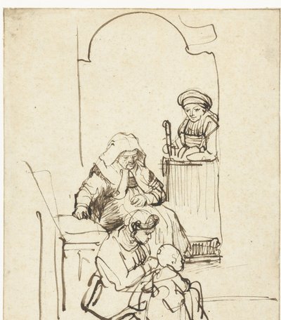 Kolme naista ja lapsi ovella tekijältä Rembrandt van Rijn