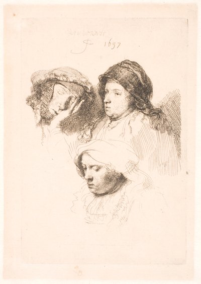 Kolme naisen päätä, yksi unessa tekijältä Rembrandt van Rijn