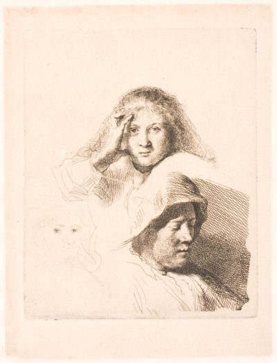 Kolme naisen päätä, yksi kevyesti kaiverrettu tekijältä Rembrandt van Rijn
