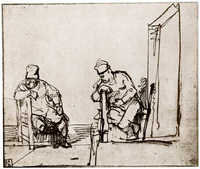 Kaksi miestä istumassa ovella, 1913. tekijältä Rembrandt van Rijn