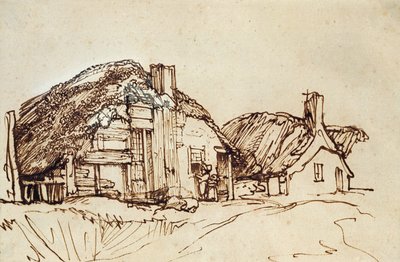 Kaksi olkikattoista mökkiä hahmoilla ikkunassa tekijältä Rembrandt van Rijn