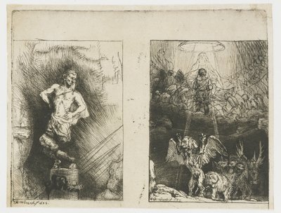 Kaksi kuvitusta Menasseh Ben Israelin Piedra Gloriosasta Nebukadnessarin näkemä kuva Danielin näky neljästä pedosta tekijältä Rembrandt van Rijn