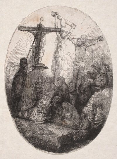 Ristiinnaulitseminen kahden roiston välissä (soikea laatta) tekijältä Rembrandt van Rijn