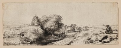 Näkymä Diemerdijkille, jossa on maitomies ja mökkejä tekijältä Rembrandt van Rijn