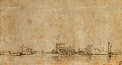 Näkymä Amstelille Omvalissa, vasemmalla Diermermeerin Ringvaart tekijältä Rembrandt van Rijn