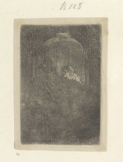 Nainen ovella puhumassa miehen kanssa, jolla on lapsia Recueil de quatre-vingt-cinq estampes originales (sarjan nimi) tekijältä Rembrandt van Rijn