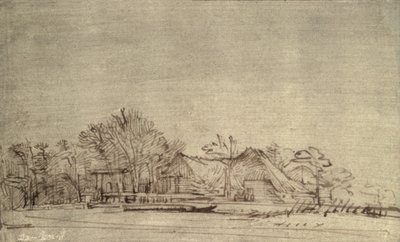 Talvimaisema mökeillä puiden keskellä, n. 1650 (ruokokynä ja ruskea muste) tekijältä Rembrandt van Rijn