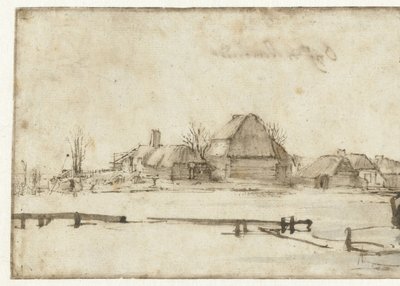 Talvinäkymä vesiväylällä, mökeillä ja kahdella veneellä tekijältä Rembrandt van Rijn